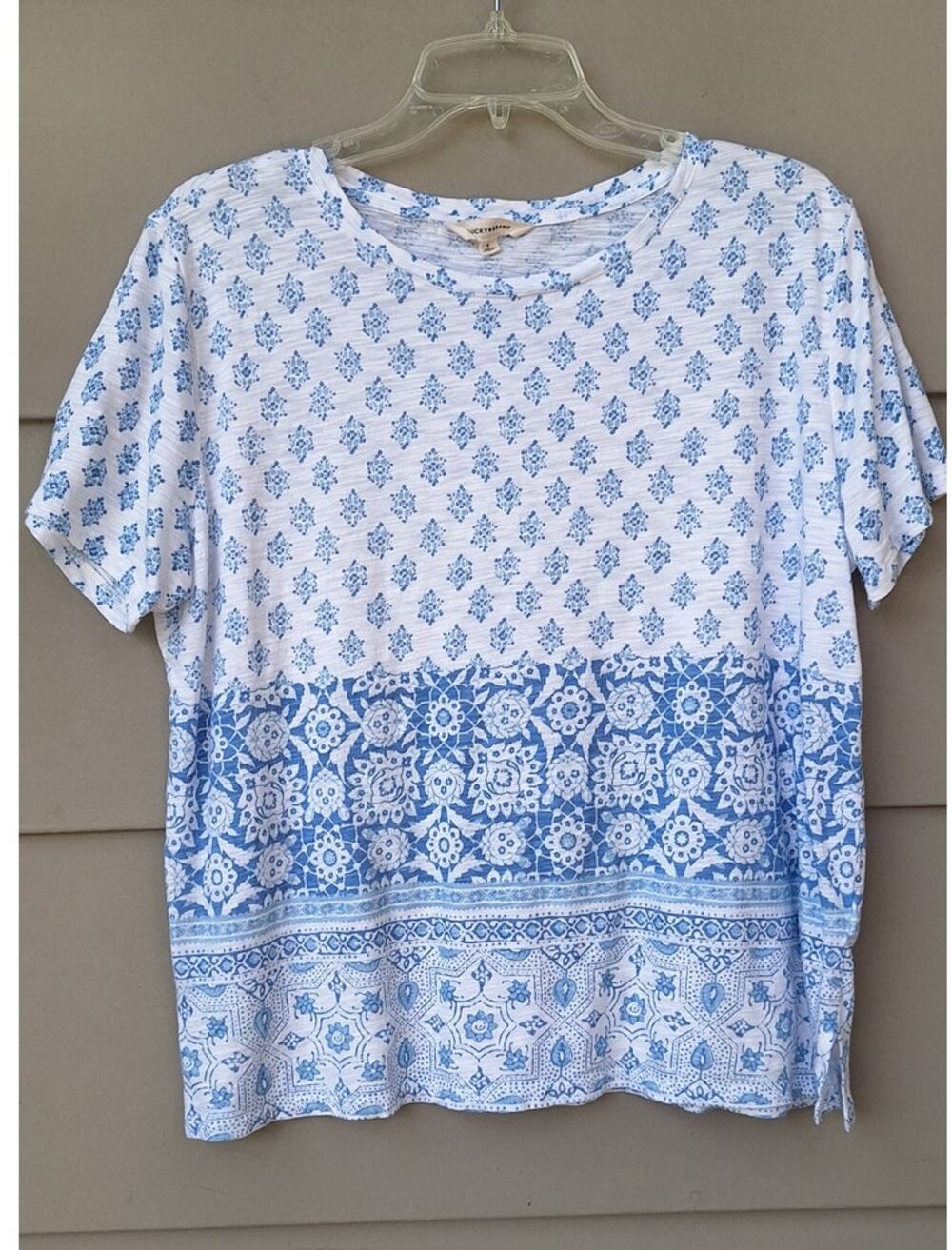 Lucky Brand Women's Cotton Modal Short Sleeves T Shirt White Blue Bohemian Sz. L
